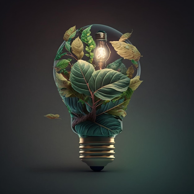 Uma lâmpada com folhas dentro dela com uma folha dentro.