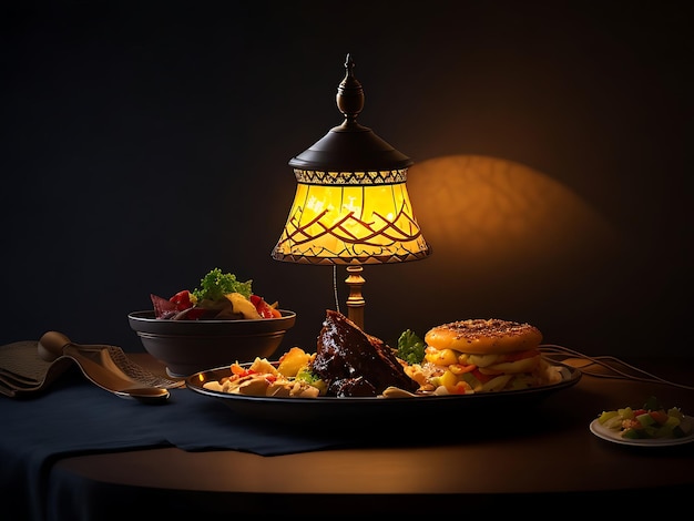 Foto uma lâmpada com um prato de comida iftar do ramadã sobre ele luz escura borrada ai gerado