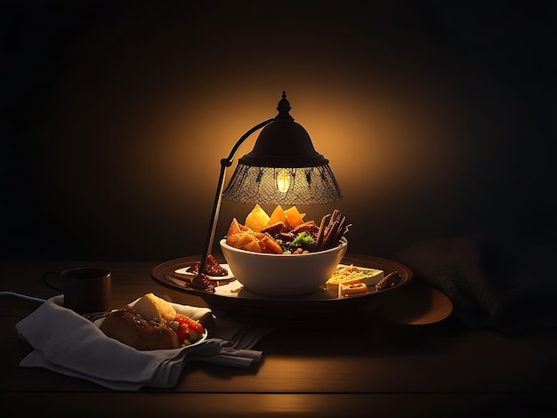 Foto uma lâmpada com um prato de comida iftar do ramadã sobre ele luz escura borrada ai gerado