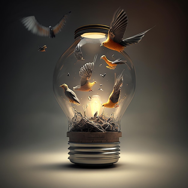 Uma lâmpada com uma lâmpada com pássaros voando ao seu redor.