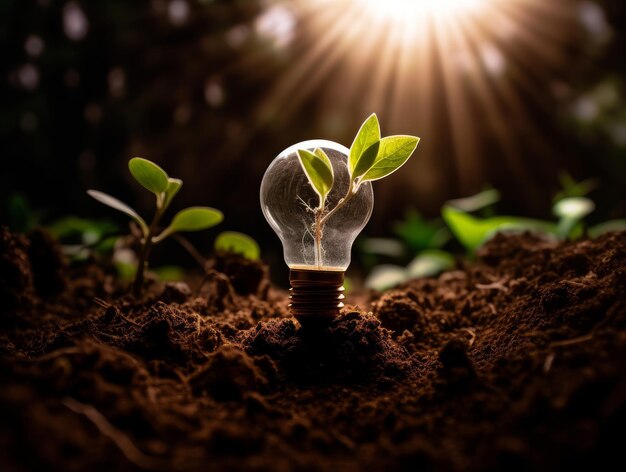 Uma lâmpada com uma planta crescendo nela