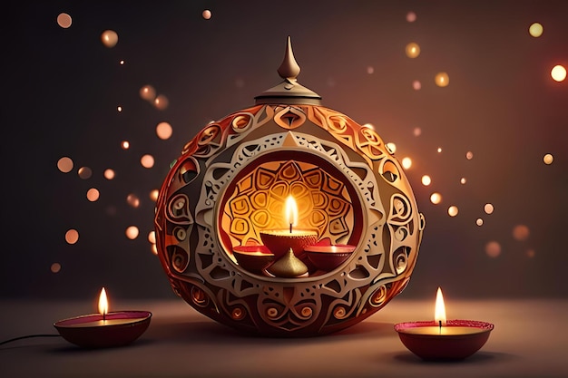 Uma lâmpada com uma vela dentro é acesa com a palavra Diwali.