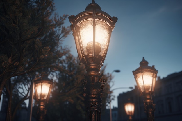 Uma lâmpada de rua com as luzes acesas.