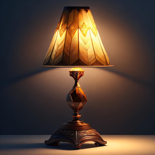 Uma lâmpada Designer sobre a mesa com uma lâmpada decorativa de fundo escuro com luz dourada