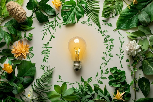 Uma lâmpada é cercada por um círculo de folhas e flores energia renovável ai geradora