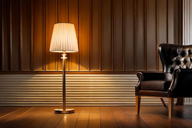 Uma lâmpada e uma cadeira em uma sala com uma lâmpada e uma lâmpada.
