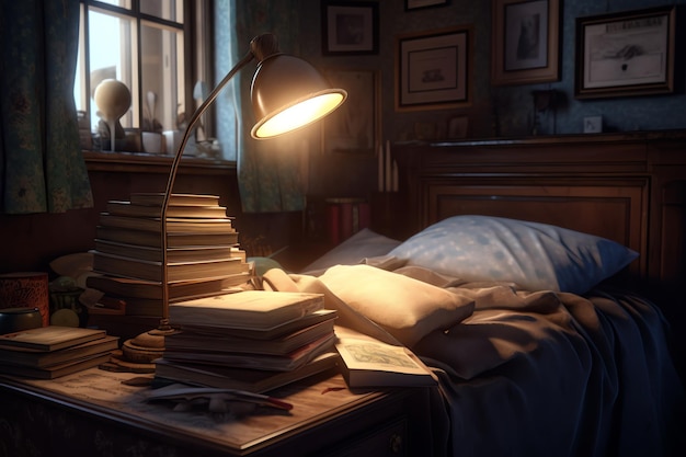 Uma lâmpada em uma mesa com livros em um quarto escuro.