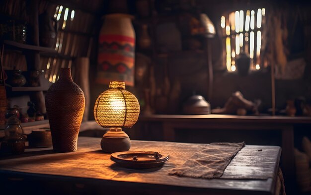 Foto uma lâmpada em uma mesa em uma sala com uma janela ao fundo