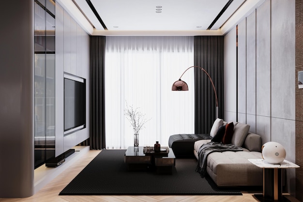 Uma lâmpada fica ao lado do sofá preto e cinza e da janela em um lugar de luxo temperamental e brilhante