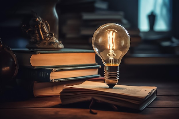 Uma lâmpada fica em uma mesa ao lado de um livro