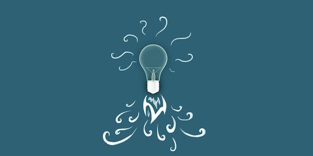 Uma lâmpada ilustrada com redemoinhos decorativos em um fundo teal simbolizando inspiração criativa ou ideia 3D Rendering