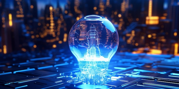Uma lâmpada integrada num fundo tecnológico Ideia Conceito Pensamento Conceito Inovação