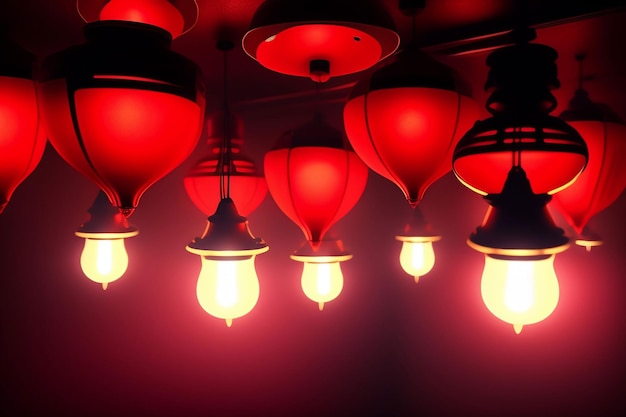 Uma lâmpada vermelha está pendurada no teto.