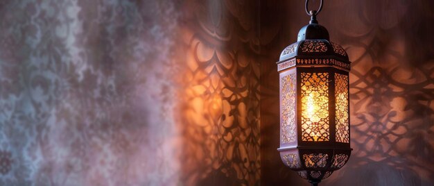 Uma lanterna árabe decorativa brilha com uma vela na mão convite de cartão de saudação festivo para o Ramadan Kareem, o mês sagrado muçulmano