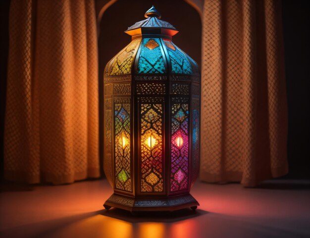 Uma lanterna árabe ornamental com vidro colorido brilhando em um fundo escuro uma saudação para Ramada