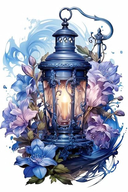 Uma lanterna azul com flores em um fundo branco
