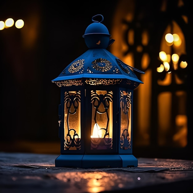 Uma lanterna azul com uma vela acesa à noite.