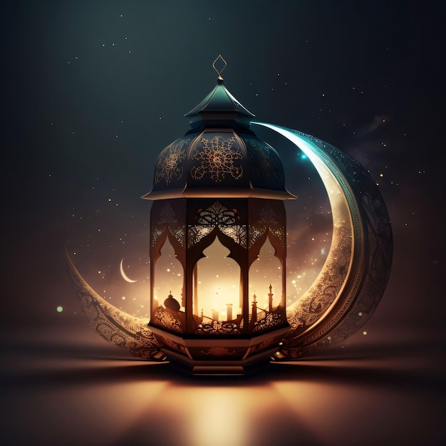 Uma lanterna brilhante e uma lua crescente entrando nela Lanterna como um símbolo do Ramadan para os muçulmanos