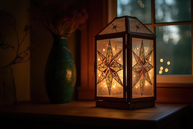 Uma lanterna caprichosa com sequência de luzes e padrão de explosão de estrelas em uma janela de madeira quente