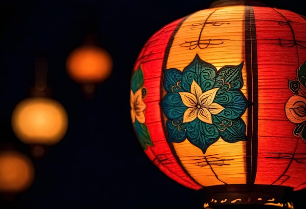 uma lanterna chinesa com um ornamento de flores nela à noite