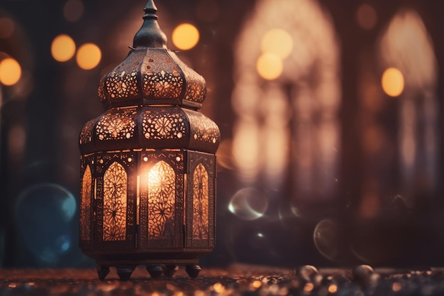 Uma lanterna com a luz acesa na frente de uma mesquita generativa ai