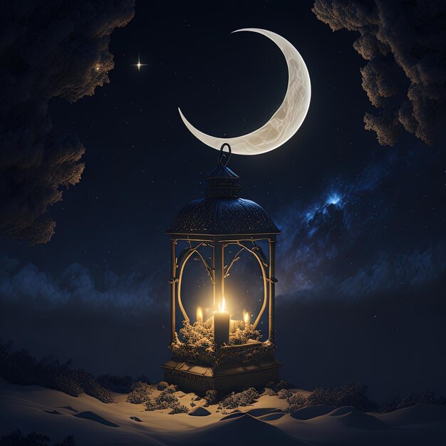 Uma lanterna com uma lua crescente ao fundo