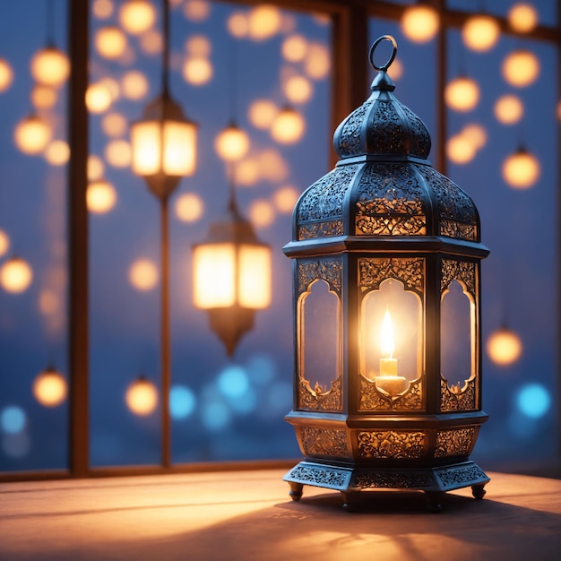Uma lanterna com uma vela acesa sentada no fundo do festival de Ramadan Kareem