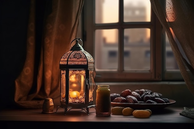 Uma lanterna com uma vela acesa sobre uma mesa com um prato de comida e uma jarra de limões.