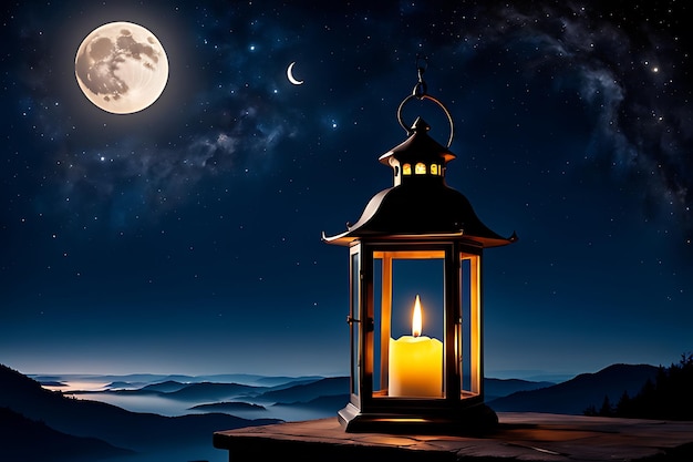 uma lanterna com uma vela é acesa com uma lua cheia no fundo