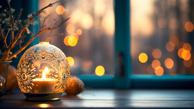 uma lanterna com uma vela está na janela numa noite aconchegante de outono