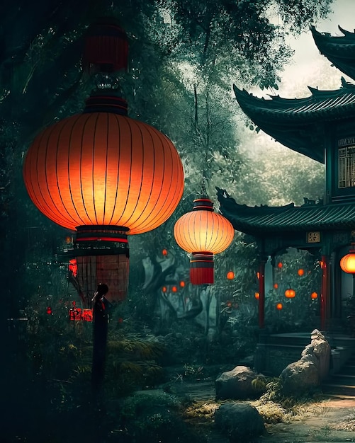 Uma lanterna de estilo chinês na floresta