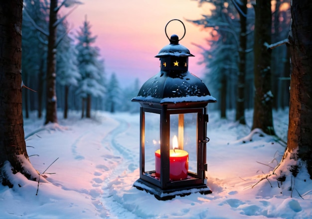 Foto uma lanterna de vela de natal em um caminho de floresta nevada no crepúsculo