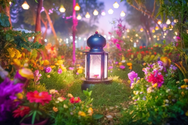 Uma lanterna é cercada por flores e um jardim cheio de flores.