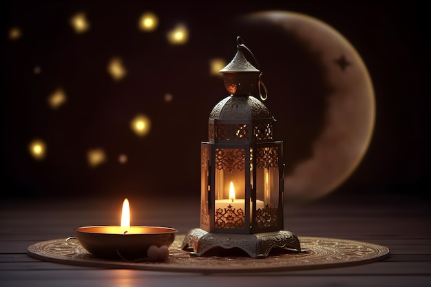 Uma lanterna e lua crescente adequada para saudações Adha e Fitr