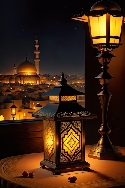 Uma lanterna e uma vista da cidade à noite