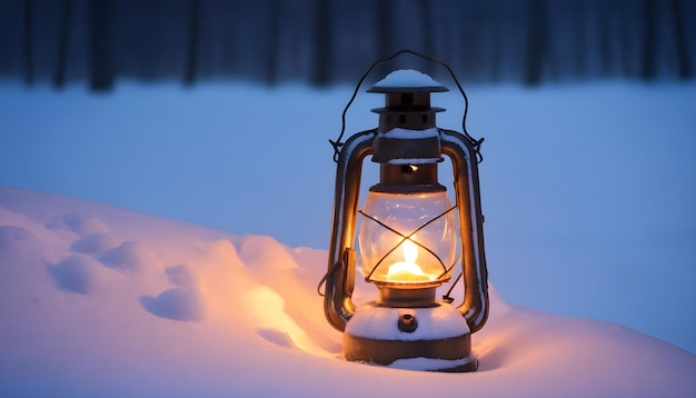 Uma lanterna em chamas em um galho de inverno colinas de inverno polares geladas com árvores bizarramente torcidas vista vertical
