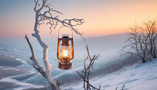 Uma lanterna em chamas num galho de inverno