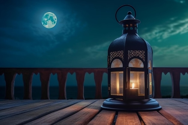 Uma lanterna em um deck com a lua ao fundo