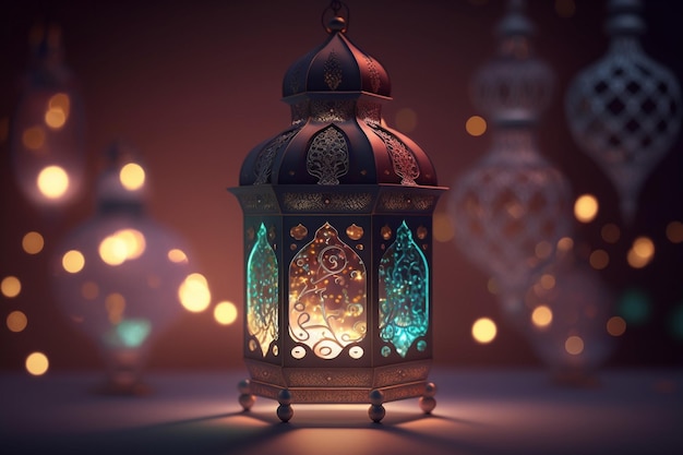 Uma lanterna iluminada colorida sentada em cima de uma mesa ramadan mubarak Generative AI
