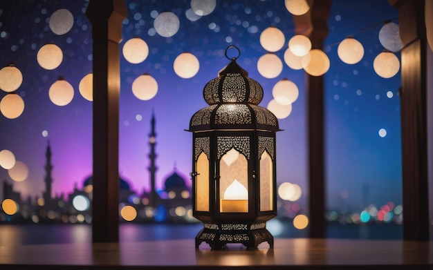 Uma lanterna islâmica com luzes bokeh no fundo para adha e fitr eid