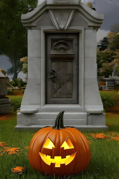 Uma lanterna Jack O' em frente à entrada de uma cripta em um cemitério