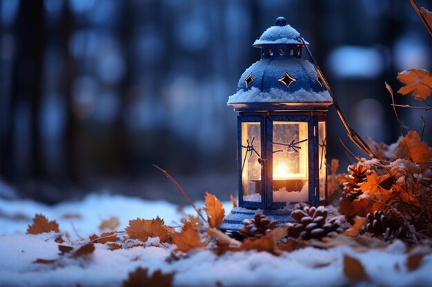 Uma lanterna na neve de inverno oferecendo uma luz suave e convidativa