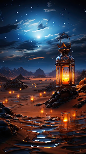 Uma lanterna no céu noturno com a lua atrás dela