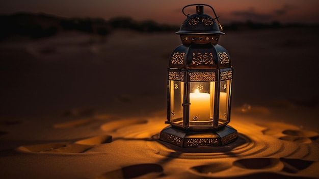 Uma lanterna no deserto à noite com a luz acesa