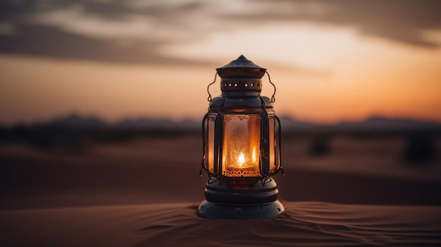 Uma lanterna no deserto ao pôr do sol