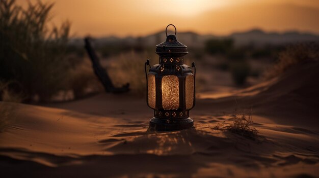 Uma lanterna no deserto ao pôr do sol