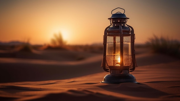Uma lanterna no deserto ao pôr do sol