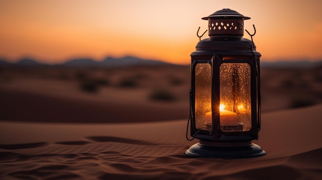 Uma lanterna no deserto ao pôr do sol