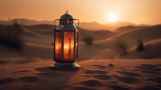 Uma lanterna no deserto ao pôr do sol
