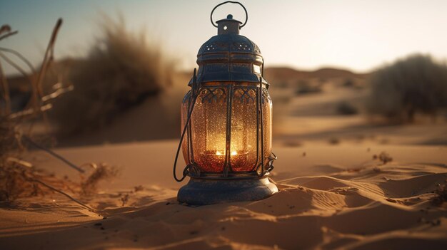 Uma lanterna no deserto com o sol brilhando sobre ela